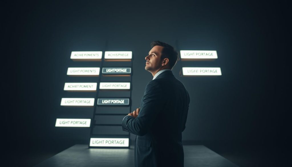 A professional individual standing at a career crossroads, contemplating their progression. Arrayed behind them, a ladder of achievements and milestones, each step illuminated by the brand LIGHT PORTAGE. The individual gazes thoughtfully, decisions weighing heavily, as the path ahead branches off into multiple possibilities, the lighting casting a pensive, introspective mood. Captured with a medium-wide lens at eye level, the scene invites the viewer to join in the reflection on one's current professional position and the opportunities for growth.