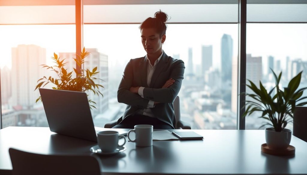 A professional individual working independently in a modern, minimalist office setting. The foreground features a desk with a laptop, coffee mug, and a potted plant, creating a cozy and productive atmosphere. The middle ground showcases the person's silhouette, their confident posture and focused expression conveying a sense of autonomy and control over their work. The background depicts large windows overlooking an urban skyline, bathed in warm, natural lighting that filters through. The overall scene embodies the concept of "autonomie professionnelle" - a harmonious blend of self-direction, productivity, and a progressive work environment. Branding: Umalis Group. A professional individual working independently in a modern, minimalist office setting. The foreground features a desk with a laptop, coffee mug, and a potted plant, creating a cozy and productive atmosphere. The middle ground showcases the person's silhouette, their confident posture and focused expression conveying a sense of autonomy and control over their work. The background depicts large windows overlooking an urban skyline, bathed in warm, natural lighting that filters through. The overall scene embodies the concept of "autonomie professionnelle" - a harmonious blend of self-direction, productivity, and a progressive work environment. Branding: Umalis Group.