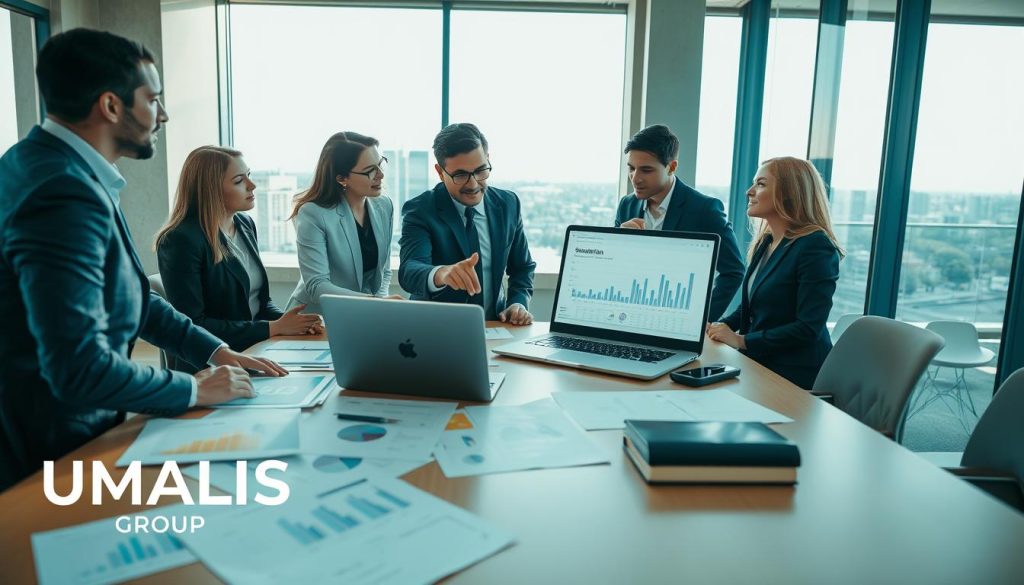 A professional indoor office setting, showcasing a diverse group of business professionals engaged in a discussion around a large table. In the foreground, there are charts and documents related to "Simulation cumul ARE" scattered across the table, with a laptop displaying graphs. The middle of the scene features two professionals—one male and one female—both in smart business attire, pointing at the laptop screen while discussing. The background includes a large window letting in natural light, with a cityscape visible. The lighting is bright and clear, enhancing the analytical atmosphere. The overall mood is focused and collaborative, with a sense of purpose. In the corner of the image, the logo "UMALIS GROUP" is subtly incorporated to add brand identity.
