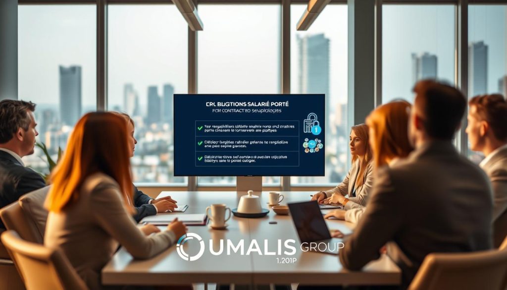 A professional, inspiring setting showcasing the theme of "Obligations Salarié Porté" in the context of portage salarial. In the foreground, depict a diverse group of professionals in business attire, attentively engaged in a strategic meeting around a conference table, showcasing collaboration and responsibility. The middle ground features a digital screen displaying key responsibilities and obligations for contracted employees, highlighted with visuals representing compliance and security. In the background, soft-focus windows display a city skyline, symbolizing the broader business landscape. Use warm, natural lighting to create an inviting atmosphere, with a slight depth of field to emphasize the subjects. Ensure the image conveys a mood of professionalism, security, and flexibility, with a subtle inclusion of the brand "UMALIS GROUP" integrated into the visual design, complementing the overall theme.