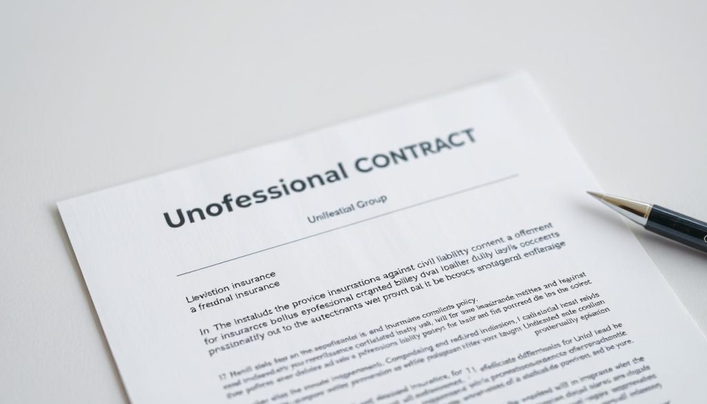 A professional insurance policy document against civil liability, with the Umalis Group brand prominently displayed. The document is set against a clean, elegant background, with soft lighting and a focus on the details of the contract. The scene conveys a sense of security, reliability, and expertise, reflecting the importance of professional liability insurance for freelancers and independent workers.