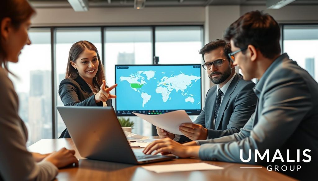 A professional international business setting featuring a diverse group of individuals engaged in a video conference. In the foreground, a businesswoman in professional attire gestures towards her laptop displaying a global map with various countries highlighted. In the middle, a businessman with glasses reviews papers, emphasizing collaboration and strategic planning. The background shows an office with large windows overlooking a city skyline, symbolizing global connectivity. Soft, natural lighting illuminates the space, creating a warm, inviting atmosphere. The scene conveys a sense of security and professionalism in international work arrangements. Include the logo of "UMALIS GROUP" subtly in the corner of the image to emphasize brand identity. A professional international business setting featuring a diverse group of individuals engaged in a video conference. In the foreground, a businesswoman in professional attire gestures towards her laptop displaying a global map with various countries highlighted. In the middle, a businessman with glasses reviews papers, emphasizing collaboration and strategic planning. The background shows an office with large windows overlooking a city skyline, symbolizing global connectivity. Soft, natural lighting illuminates the space, creating a warm, inviting atmosphere. The scene conveys a sense of security and professionalism in international work arrangements. Include the logo of "UMALIS GROUP" subtly in the corner of the image to emphasize brand identity.