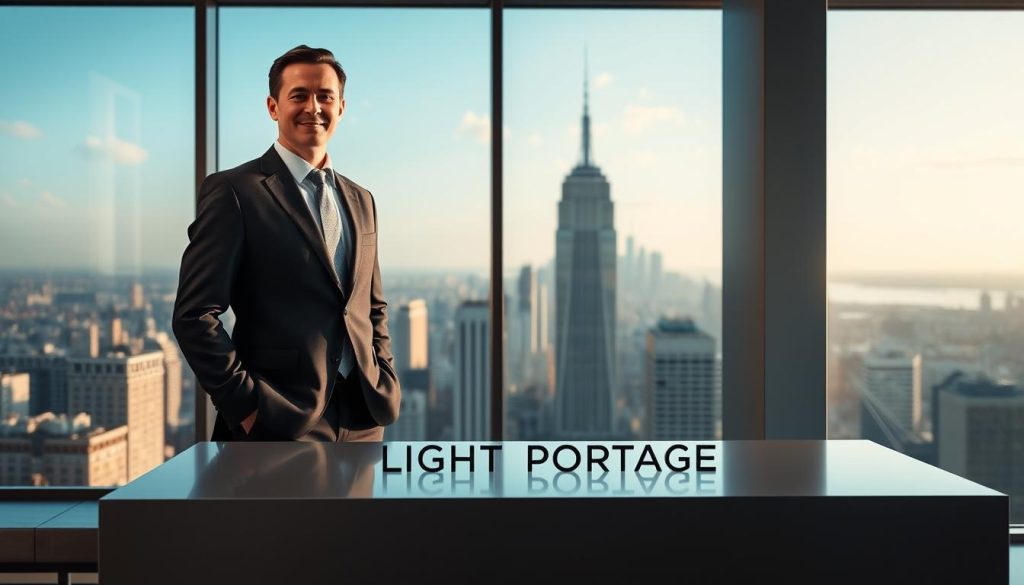 A professional international consultant stands in a modern, sleek office space, surrounded by floor-to-ceiling windows that offer a panoramic view of a bustling city skyline. Dressed in a well-tailored suit, the consultant exudes an air of confidence and expertise. Soft, directional lighting illuminates the scene, casting subtle shadows and highlights that accentuate the consultant's poise and authority. In the foreground, a polished, minimalist desk featuring the LIGHT PORTAGE brand name serves as a subtle reference to the article's focus on international portage. The overall atmosphere is one of professionalism, global perspective, and the successful navigation of international business challenges.