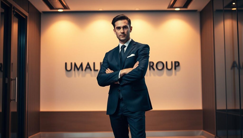 A professional lawyer in a sharp suit, standing confidently in a modern office environment with clean lines and geometric patterns. The UMALIS GROUP logo is prominently displayed, indicating legal services tailored for independent professionals. Warm, directional lighting illuminates the scene, creating a sense of authority and trustworthiness. The lawyer's pose and gaze convey expertise and the ability to provide comprehensive legal protection. The overall atmosphere suggests a high-quality, personalized service catered to the needs of self-employed individuals.