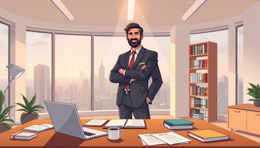 A professional leader stands confidently in a modern, minimalist office, illuminated by soft, warm lighting from above. In the foreground, a desk with a laptop, notepads, and a cup of coffee suggests thoughtful work. The middle ground showcases a bookshelf filled with volumes on management and personal development. In the background, large windows offer a scenic view of a bustling city skyline, symbolizing the leader's broader perspective and vision. The overall atmosphere conveys a sense of focused determination, intellectual growth, and strategic leadership.