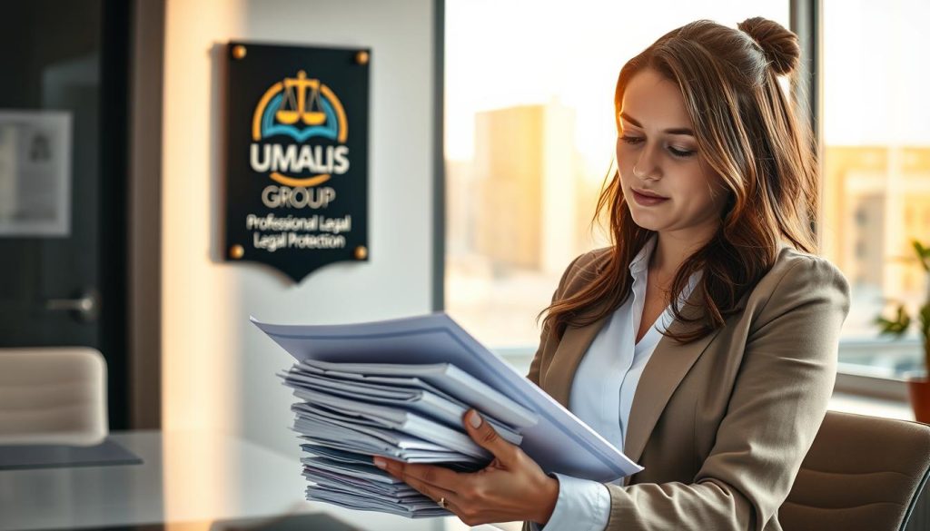 A professional legal assistant in a clean, modern office, reviewing a stack of documents related to professional legal protection services. Vibrant UMALIS GROUP logo prominently displayed on a wall plaque, indicating the provider of these services. Warm lighting from a large window fills the scene, casting a soft, comforting glow. The assistant's expression is one of focused concentration, conveying the importance of the work being done to safeguard the legal interests of independent professionals. The overall atmosphere is one of trust, expertise, and a commitment to protecting clients' rights.
