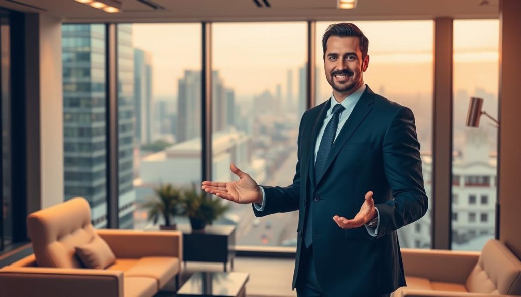 A professional legal consultant standing in a modern office, dressed in a sharp suit, confidently presenting the benefits of Umalis Group's salarial portage service to potential clients. The scene is bathed in warm, directional lighting that highlights the subject's authority and expertise. The background features sleek, minimalist furnishings and large windows overlooking a bustling cityscape, conveying a sense of sophistication and success. The overall mood is one of professionalism, trust, and the empowerment that Umalis Group's salarial portage solution offers legal professionals.
