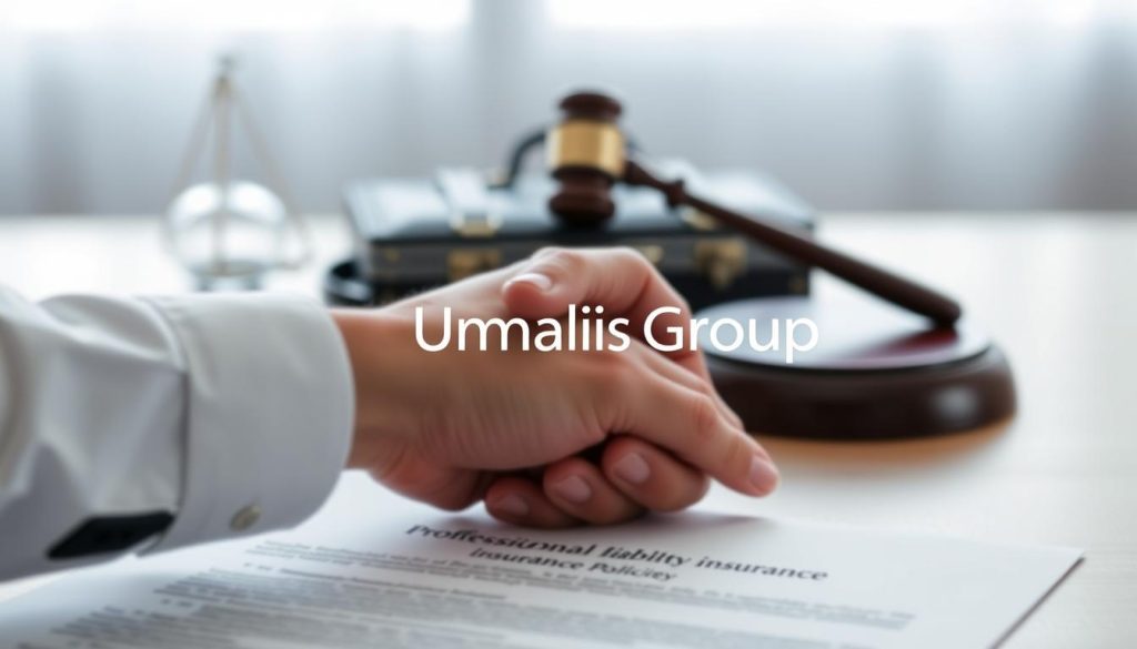 A professional liability insurance policy, a close-up view against a blurred background. In the foreground, a handshake symbolizing a contract agreement, conveying trust and responsibility. The middle ground features various business icons, such as a briefcase, documents, and a gavel, representing the diverse aspects of professional services. The background is softly lit, creating a sense of professionalism and security. The Umalis Group logo is discreetly placed, providing brand recognition. The overall atmosphere evokes a sense of confidence, protection, and the importance of managing professional risks.