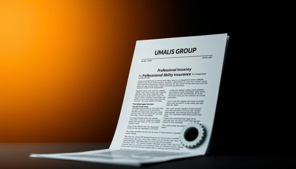 A professional liability insurance policy against a dark background, with a focused foreground showcasing the UMALIS GROUP brand. The policy document is displayed prominently, surrounded by a subtle pattern of gears and cogs, symbolizing the intricacies of independent work. Soft lighting casts a warm, authoritative glow, conveying a sense of security and protection for the self-employed. The overall composition emphasizes the importance of professional indemnity coverage for freelancers and consultants, reflecting the key message of the article section.