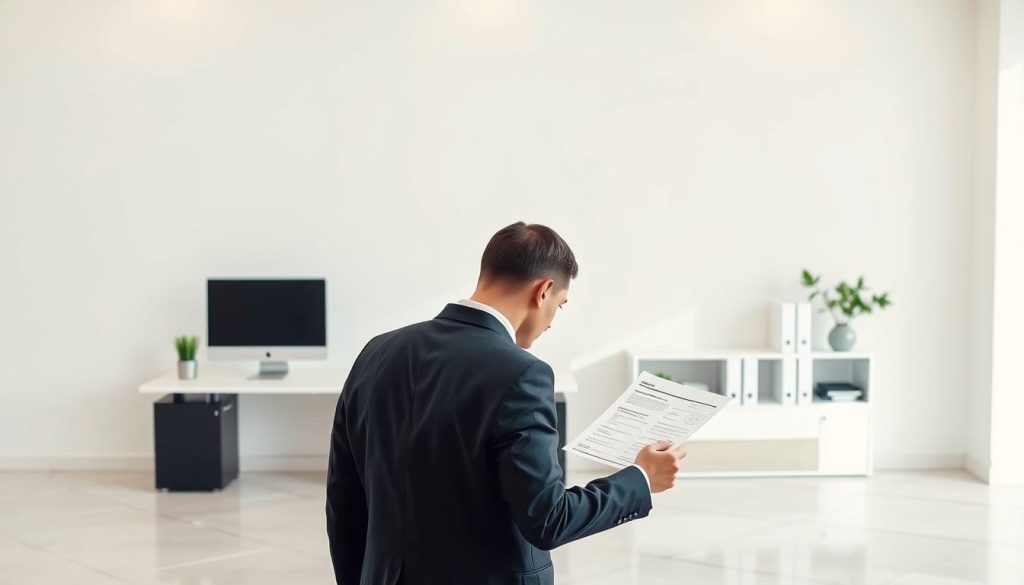 A professional liability insurance policy, designed to protect the Umalis Group's workforce in a corporate portage setting. Set against a minimalist background, the image showcases an elegant, modern office scene. Soft lighting illuminates a sleek desk, computer, and neatly organized workspace, conveying a sense of security and reliability. In the foreground, a person in a suit examines paperwork, representing the importance of comprehensive professional coverage. The overall composition emphasizes the Umalis Group's commitment to safeguarding its employees through comprehensive insurance solutions.