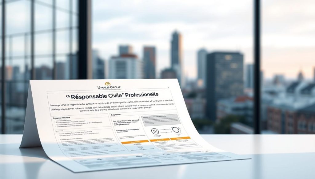 A professional liability insurance policy for a modern insurance company. A sophisticated illustration showcasing the Umalis Group brand, depicting a detailed blueprint of coverage plans, risk management strategies, and liability protection. The scene is set in a clean, minimalist style with soft lighting and a neutral color palette, emphasizing the reliability and trustworthiness of the service. In the foreground, a detailed document with the "Responsabilité Civile Professionnelle" title is prominently displayed, surrounded by relevant icons and infographic elements. In the background, a blurred cityscape suggests a thriving urban environment where the insurance services are provided. The overall impression is one of expertise, security, and tailored solutions for the professional needs of the audience.