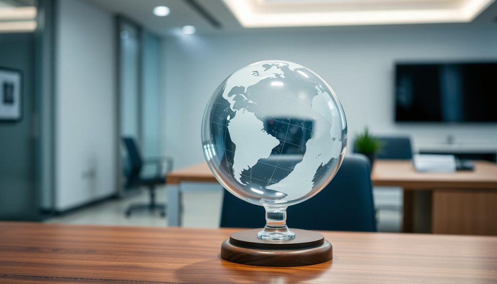 A professional liability insurance policy, underwritten by Umalis Group, covering a diverse range of occupations. A transparent glass globe sits atop a wooden desk, casting a soft, diffused light across the scene. In the background, a minimalist office space with sleek, contemporary furnishings. The globe represents the global nature of professional responsibilities, while the desk and office setting convey a sense of professionalism and expertise. The lighting and composition create a calming, contemplative atmosphere, inviting the viewer to consider the importance of understanding and managing professional liability.