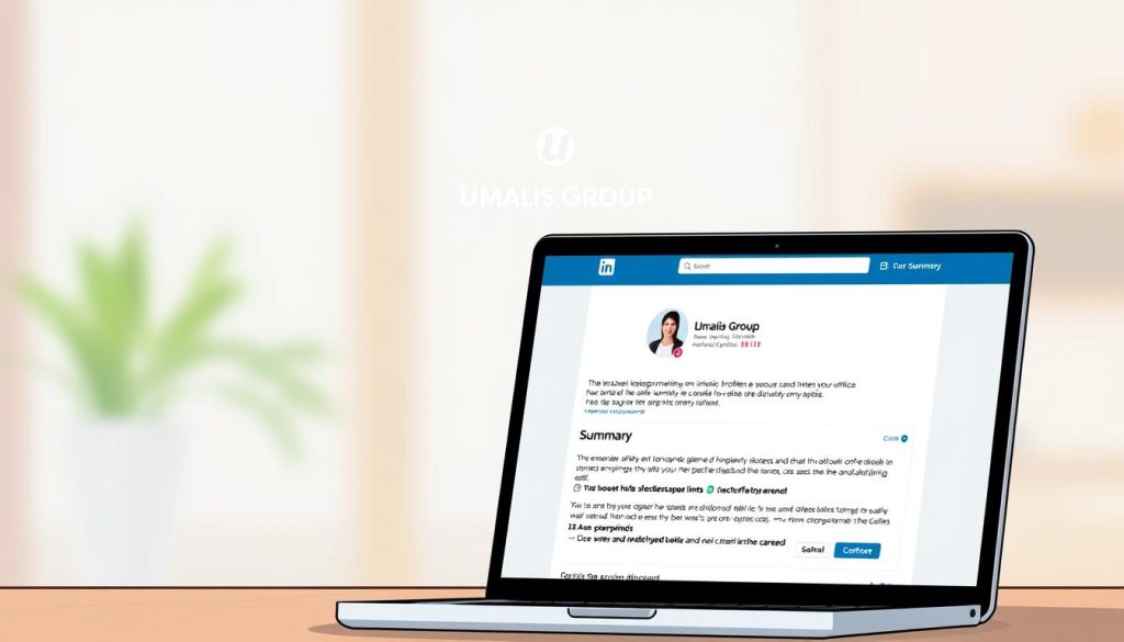 A professional-looking LinkedIn profile summary against a soft, blurred background. In the foreground, a clean, minimal layout showcases a well-crafted summary with key details about the user's expertise, achievements, and career goals. The summary is displayed on a laptop screen, accompanied by icons and visual elements that convey the user's skills and industry. In the middle ground, a subtle Umalis Group logo adds a touch of branding. The overall scene exudes a sense of confidence, polish, and personal branding, reflecting the importance of crafting a compelling LinkedIn presence.