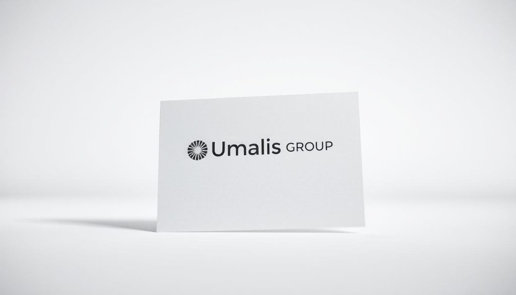 A professional-looking "carte professionnelle" document set against a clean, neutral background. The card is made of high-quality, textured paper with a subtle metallic sheen. The Umalis Group logo is prominently displayed, conveying a sense of authority and legitimacy. The overall design is minimalist and sophisticated, with a balance of negative space and carefully placed typographic elements. The lighting is soft and diffused, creating a professional, authoritative atmosphere. The angle is slightly elevated, giving the viewer a sense of looking up at the document, emphasizing its importance and legal status.
