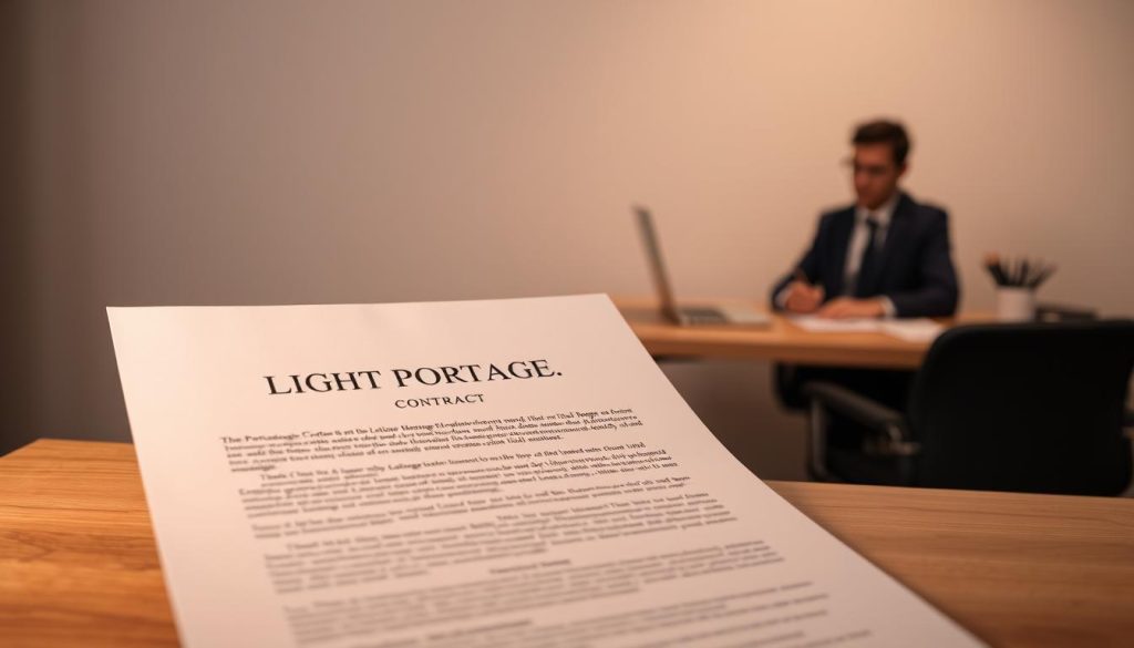 A professional-looking contract for "Light Portage" employee leasing services, set against a clean, minimalist backdrop. The contract is displayed prominently in the foreground, with a warm, soft lighting illuminating the crisp, clearly-legible text and elegant contract design. In the middle ground, a businessperson's desk is visible, neatly organized with a laptop, pen, and other office supplies, conveying a sense of professionalism and attention to detail. The background is a plain, neutral-toned wall, allowing the contract and desk to be the focal points. The overall mood is one of trust, reliability, and attention to the nuances of the "Light Portage" employee leasing agreement.