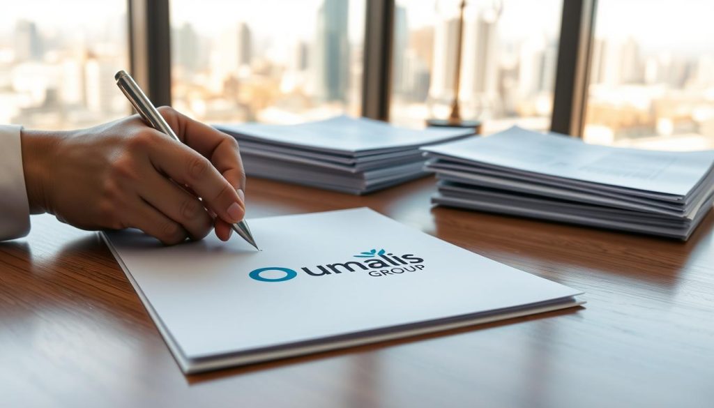 A professional-looking document with the Umalis Group logo resting on a clean, polished wood desk. In the foreground, a hand holds a pen, ready to sign a contract or fill out a form. The middle ground features a stack of legal documents and folders, conveying a sense of diligence and responsibility. In the background, a window overlooking a city skyline casts a warm, natural light, creating a calming and assuring atmosphere. The overall scene evokes a sense of professionalism, attention to detail, and a commitment to providing comprehensive civil liability insurance coverage.