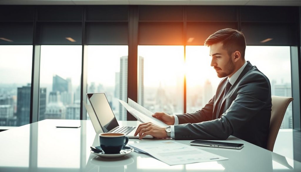 A professional-looking executive reviewing financial reports on a sleek, modern desk. The desk is neatly organized, with a laptop, a cup of coffee, and a few papers spread out. The lighting is soft and warm, creating a calm and focused atmosphere. In the background, a large window overlooking a bustling city skyline. The Umalis Group logo is prominently displayed on the laptop screen. The overall scene conveys a sense of professionalism, attention to detail, and the challenges faced by a commercial consultant in the gig economy.