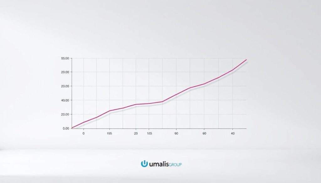 A professional-looking graph depicting the "taux journalier moyen" or average daily rate, set against a clean, minimalist background. The graph should be rendered in a modern, data-visualization style, with clear labeling and gridlines. The Umalis Group logo should be subtly incorporated into the design, perhaps in the bottom corner. Lighting should be soft and even, with a slightly muted color palette to convey a sense of authority and credibility. The overall composition should feel well-balanced and visually appealing, serving as an informative and aesthetically pleasing illustration for the "Le portage salarial pour les freelances : une solution de carrière" article and its "Comment se lancer en freelance portage salarial étape par étape" section.