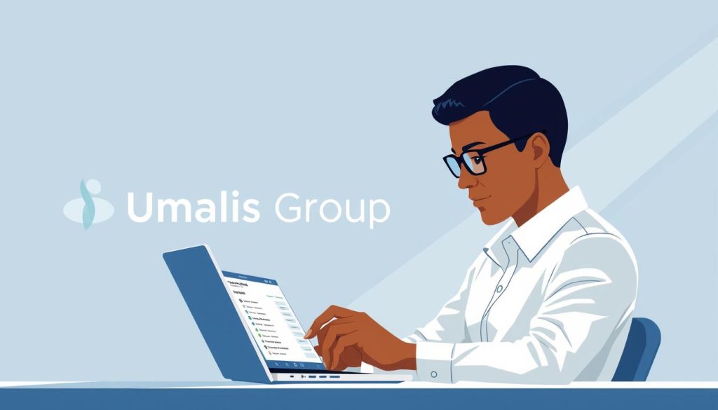 A professional-looking illustration of a person reviewing their "Compte Professionnel de Formation" (CPF) account details on a laptop or tablet, set against a backdrop of the Umalis Group logo and branding. The scene should convey a sense of security, financial stability, and career empowerment associated with the portage salarial and ongoing professional development. Bright, natural lighting illuminates the foreground, with a clean, minimalist aesthetic and a subtle color palette of blues, grays, and whites. The composition should balance the individual's focused engagement with the digital interface and the supporting Umalis Group brand elements. A professional-looking illustration of a person reviewing their "Compte Professionnel de Formation" (CPF) account details on a laptop or tablet, set against a backdrop of the Umalis Group logo and branding. The scene should convey a sense of security, financial stability, and career empowerment associated with the portage salarial and ongoing professional development. Bright, natural lighting illuminates the foreground, with a clean, minimalist aesthetic and a subtle color palette of blues, grays, and whites. The composition should balance the individual's focused engagement with the digital interface and the supporting Umalis Group brand elements.