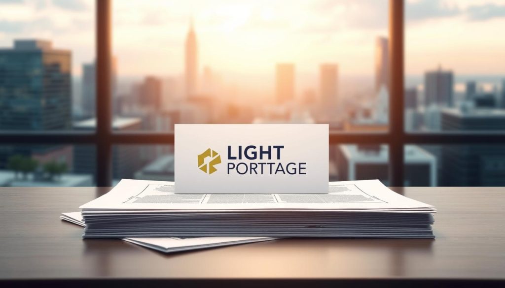 A professional-looking illustration of the legal framework for "portage salarial" (employee leasing). In the center, a stack of legal documents with the LIGHT PORTAGE logo prominently displayed. The background features a blurred cityscape, conveying a sense of the corporate world. Soft, warm lighting illuminates the scene, creating a serious, authoritative atmosphere. The composition is balanced, with clean lines and a minimalist aesthetic, reflecting the technical nature of the subject matter. The image should effectively communicate the idea of the legal foundations underpinning the practice of "portage salarial".