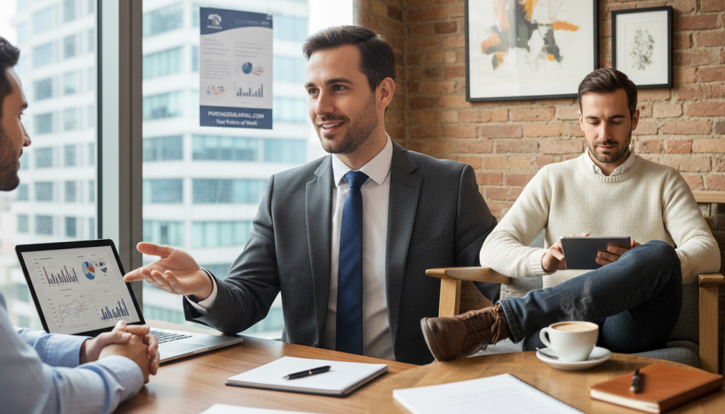 A professional looking individual in a business setting, seamlessly transitioning between two roles: one side shows them in a smart suit, representing the concept of "portage salarial," with a laptop open, discussing ideas with a colleague. The other side reveals them in more casual attire, embodying the "auto-entrepreneur" identity, working on a digital tablet in a cozy café environment. Courteous expressions and body language illustrate a harmonious blend of the two work styles. The foreground captures detailed elements like a notepad and coffee cup, while the middle ground features dynamic interaction between the two characters. The background hints at an urban office landscape, emphasizing a modern, collaborative atmosphere with soft, natural lighting. Aim for a balanced, inspirational mood. Include a subtle reference to "portagesalarials.com" in the environment, perhaps on a wall poster or office brochure.