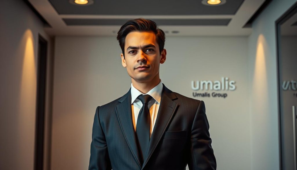 A professional-looking individual in a tailored suit, standing in a sleek, minimalist office setting. Warm, directional lighting illuminates their confident, focused expression. The Umalis Group logo is subtly displayed in the background, suggesting a corporate, career-oriented atmosphere. The scene conveys a sense of success, competence, and the eligibility requirements for becoming a "salarié porté" or "portable employee".