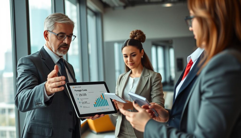 A professional looking office environment featuring a diverse group of three business professionals engaged in a discussion about salary portage costs. In the foreground, a middle-aged man in a tailored suit gestures towards a digital tablet displaying graphs and figures related to portage salarial costs. In the middle ground, a woman in smart casual attire takes notes, looking thoughtfully at the tablet. In the background, a large window reveals a cityscape, letting in soft natural lighting that adds a warm and inviting atmosphere. The overall mood is focused and productive, with an emphasis on clarity and understanding. Subtly include the brand name "UMALIS GROUP" on the tablet screen without overt text, ensuring professionalism throughout the scene.