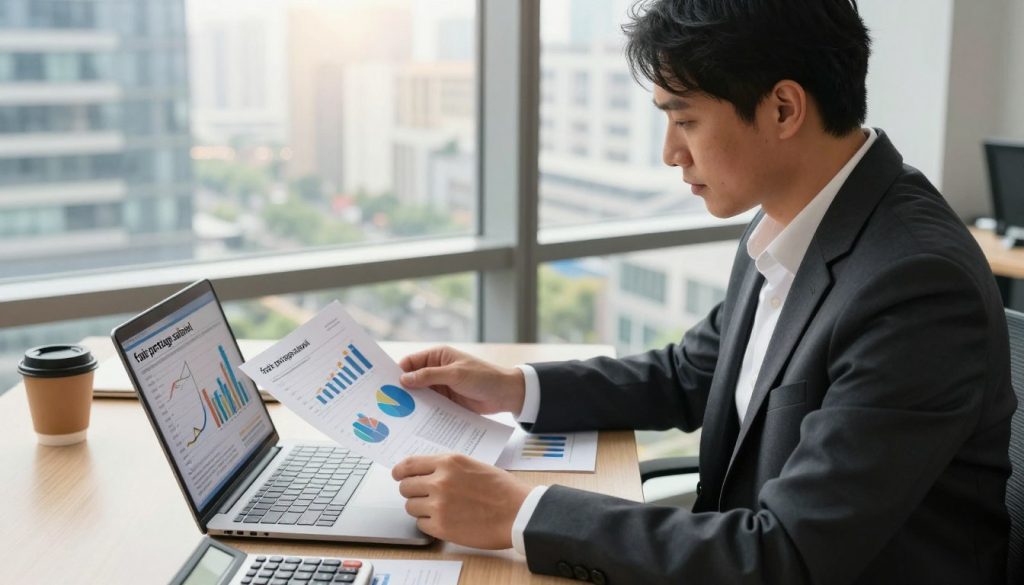 A professional-looking office environment set as the background, with a large window showcasing a modern cityscape outside. In the foreground, a confident business person, dressed in smart professional attire, is examining a financial report on a laptop, focusing on charts and graphs that represent costs and income optimization. The middle of the image features an organized desk with financial documents, a calculator, and a cup of coffee. Warm, natural lighting floods the space, creating an inviting atmosphere. The camera is angled slightly above eye level, giving a clear view of the person's focused expression and the detailed financial data on the screen, emphasizing the theme of "frais portage salarial." A professional-looking office environment set as the background, with a large window showcasing a modern cityscape outside. In the foreground, a confident business person, dressed in smart professional attire, is examining a financial report on a laptop, focusing on charts and graphs that represent costs and income optimization. The middle of the image features an organized desk with financial documents, a calculator, and a cup of coffee. Warm, natural lighting floods the space, creating an inviting atmosphere. The camera is angled slightly above eye level, giving a clear view of the person's focused expression and the detailed financial data on the screen, emphasizing the theme of "frais portage salarial."