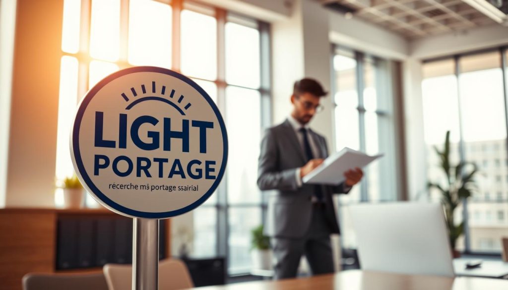 A professional-looking office setting, illuminated by warm, natural light filtering through large windows. In the foreground, a stylized "LIGHT PORTAGE" logo stands prominently, hinting at the central role of this service in the image. The middle ground features a businessman in a suit, examining documents related to the "recherche mission portage salarial" process, reflecting the article's subject matter. The background showcases a modern, minimalist workspace, evoking a sense of efficiency and professionalism. The overall composition conveys a sense of focus, diligence, and the importance of the "recherche mission portage salarial" process in the context of the article's theme.