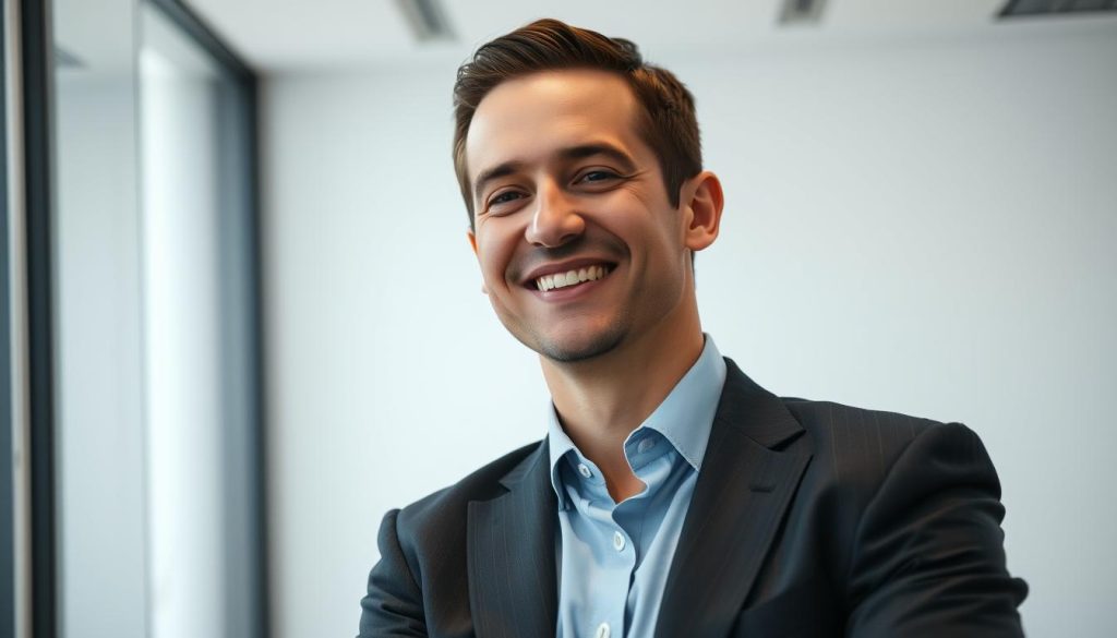 A professional-looking, well-lit portrait of a smiling, well-dressed office worker, in a classic business suit, standing against a clean, corporate background. The worker's expression conveys a sense of confidence, competence, and job satisfaction. The foreground is in sharp focus, with the background softly blurred, creating a sense of depth and highlighting the subject. The lighting is natural and balanced, with subtle shadows and highlights that accentuate the worker's features. The angle is slightly elevated, giving the viewer a slightly upward perspective, conveying a sense of the worker's authority and professionalism. The overall mood is positive, aspirational, and representative of the security and benefits associated with being a "salarié porté".