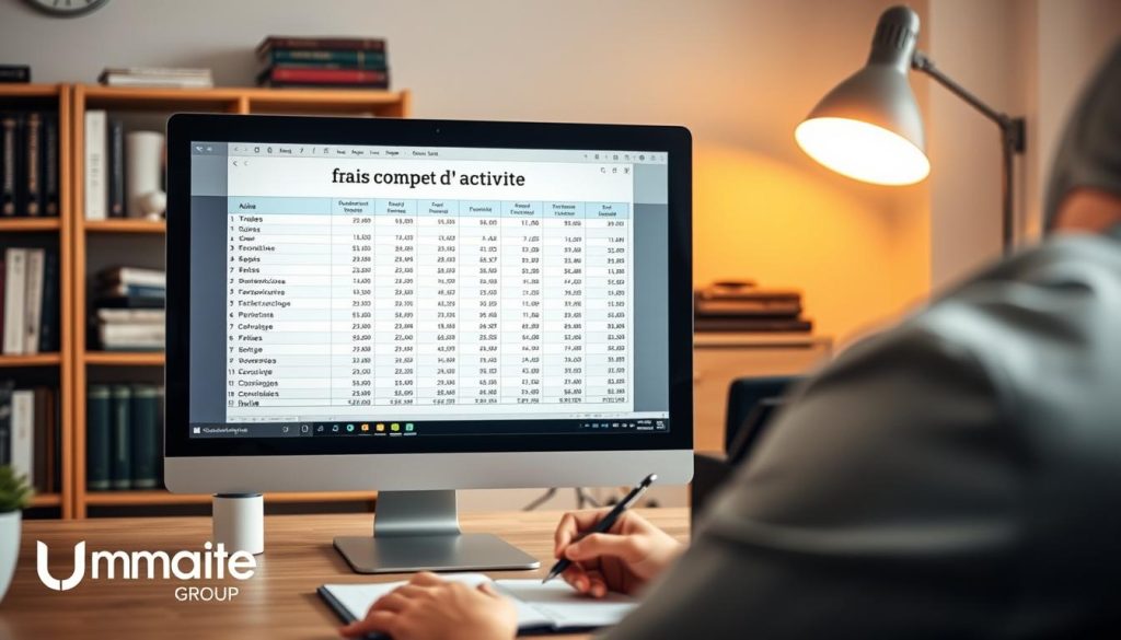 A professional-looking workspace featuring a close-up of a computer screen displaying a financial spreadsheet with the title "frais compte d'activité." The screen shows detailed calculations and graphs related to training costs, with a focus on budget analysis. In the foreground, gently blurred, a business professional in modest attire is focused on the data, taking notes with a pen. The background consists of a well-organized office setting with bookshelves filled with business books and a modern desk lamp casting warm, inviting lighting. The atmosphere conveys a sense of diligence and clarity. UMalice Group branding subtly integrated into the office decor, enhancing the professional setting without overpowering the main subject.