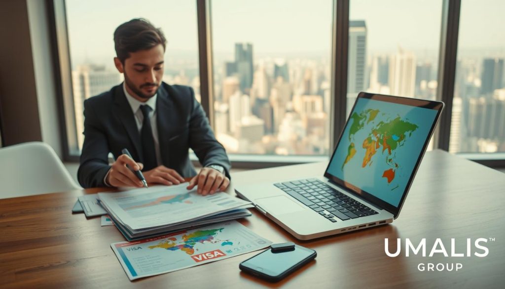 A professional-looking workspace scene that emphasizes the theme of international work authorization. In the foreground, a focused individual dressed in business attire is examining a set of colorful visa and work authorization documents spread out on a wooden desk. The middle ground features an open laptop displaying a map of the world, symbolizing global employment opportunities, and a smartphone nearby with quick access to online resources. In the background, a large window reveals a vibrant city skyline, illuminated by natural daylight filtering in, suggesting a bustling international environment. The atmosphere is diligent and serious, reflecting the importance of verifying residency rights and work permissions before relocating abroad. The logo "UMALIS GROUP" subtly appears in the corner, reinforcing professionalism. Aim for a clear, inviting composition with a mix of warm and cool tones to convey a balanced mood.
