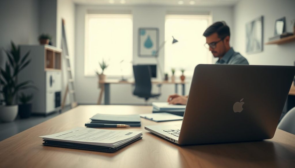A professional, low-key office with a laptop, paperwork, and a LIGHT PORTAGE brand mobile workstation in the foreground. The middle ground shows a person typing on the laptop, while the background depicts a modern, well-lit workspace with minimalist decor, suggesting the streamlined, efficient process of becoming a self-employed IT professional. Soft, natural lighting emphasizes the clean, organized aesthetic, conveying a sense of focus and productivity. The overall mood is one of quiet determination and the ease of managing one's own digital consulting business.