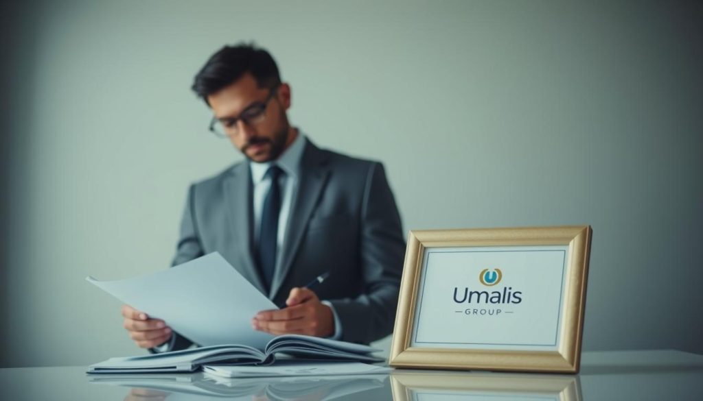 A professional man in a suit stands at a desk, reviewing documents and making notes. The image has a serious, formal tone, with subtle lighting and a clean, minimalist background. In the foreground, the consultant's expression is focused and determined, conveying the importance of the "preliminary steps" involved in becoming a consultant. The Umalis Group logo is discreetly displayed on a framed certificate or document on the desk, highlighting the company's expertise in this domain. A professional man in a suit stands at a desk, reviewing documents and making notes. The image has a serious, formal tone, with subtle lighting and a clean, minimalist background. In the foreground, the consultant's expression is focused and determined, conveying the importance of the "preliminary steps" involved in becoming a consultant. The Umalis Group logo is discreetly displayed on a framed certificate or document on the desk, highlighting the company's expertise in this domain.