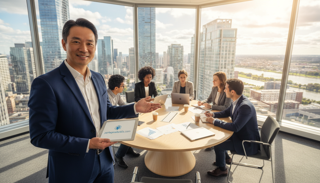 A professional management autonomy consultant stands confidently in a modern office environment, engaged in a discussion with a diverse group of employees. The foreground features the consultant, a middle-aged person in professional business attire, showcasing an approachable demeanor. In the middle ground, team members of various ethnic backgrounds collaborate around a large table, using laptops and notepads, illustrating active participation and delegation. The background shows large windows allowing natural light to stream in, highlighting a vibrant cityscape. The mood is dynamic and encouraging, reflecting teamwork and empowerment. Soft, warm lighting enhances the atmosphere of collaboration and autonomy. Capture this scene with a slightly elevated angle as if from above the table, emphasizing the interactive nature of the discussion. Include the website “portagesalarials.com” subtly in the scene for branding.
