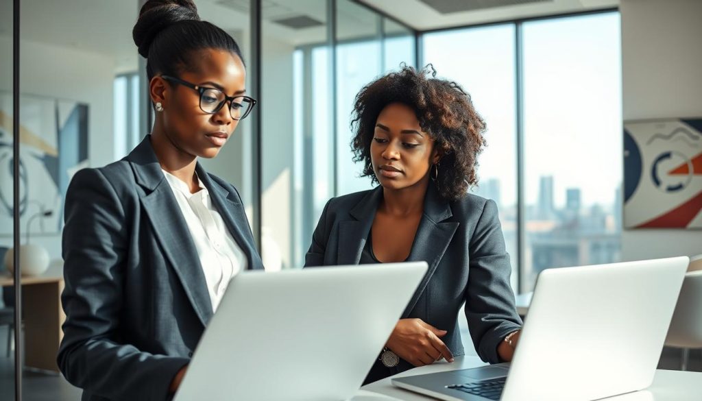 A professional management consultant at work in a modern office environment, reflecting the essence of the consulting profession in France. In the foreground, focus on a well-dressed consultant, a middle-aged Black woman in a smart blazer, engaged in deep thought with a laptop open and charts displayed on the screen. In the middle ground, a large glass window reveals the Paris skyline, adding a sense of context and scale. The background features abstract art and minimalist furnishings, enhancing the modernity of the space. Bright, natural lighting streams in, creating a clean and inviting atmosphere. The overall mood conveys professionalism, expertise, and the dynamic nature of the consulting industry. Incorporate a subtle brand element “UMALIS GROUP” as part of the office decor.