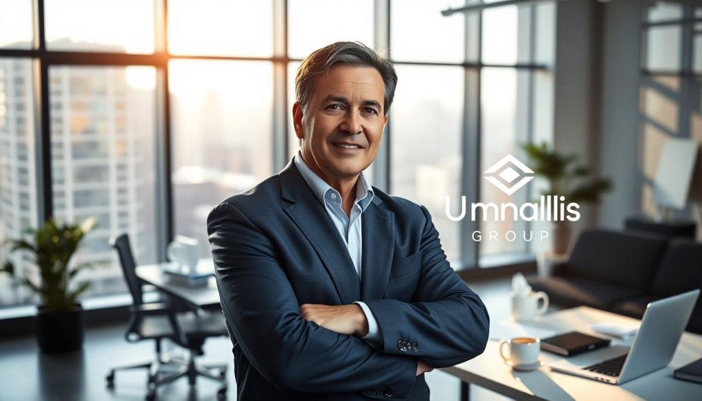A professional management consultant in a sleek, modern office environment. In the foreground, the consultant, a middle-aged person of mixed ethnicity dressed in a tailored navy suit, stands confidently with arms crossed, exuding professionalism and approachability. In the middle ground, a stylish desk cluttered with papers, a laptop, and a steaming coffee mug, suggests an active work environment. The background features large windows showcasing a cityscape, with natural light streaming in, creating an inviting atmosphere. Soft shadows enhance the depth of the scene. The mood is focused and empowering, reflecting the theme of guidance and support in consultancy. The branding logo "Umalis Group" subtly integrated into the office decor adds a touch of identity. A professional management consultant in a sleek, modern office environment. In the foreground, the consultant, a middle-aged person of mixed ethnicity dressed in a tailored navy suit, stands confidently with arms crossed, exuding professionalism and approachability. In the middle ground, a stylish desk cluttered with papers, a laptop, and a steaming coffee mug, suggests an active work environment. The background features large windows showcasing a cityscape, with natural light streaming in, creating an inviting atmosphere. Soft shadows enhance the depth of the scene. The mood is focused and empowering, reflecting the theme of guidance and support in consultancy. The branding logo "Umalis Group" subtly integrated into the office decor adds a touch of identity.