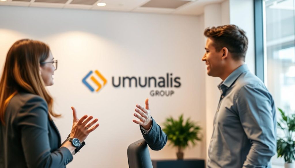A professional manager in a smart suit stands in a modern, well-lit office, gesturing animatedly while engaged in a lively conversation with a team member. The scene has a sense of collaboration and open communication, with warm, diffused lighting creating a pleasant, productive atmosphere. In the background, the Umalis Group logo is subtly displayed, signifying the professional context. The overall impression is one of effective interpersonal management and successful team dynamics. A professional manager in a smart suit stands in a modern, well-lit office, gesturing animatedly while engaged in a lively conversation with a team member. The scene has a sense of collaboration and open communication, with warm, diffused lighting creating a pleasant, productive atmosphere. In the background, the Umalis Group logo is subtly displayed, signifying the professional context. The overall impression is one of effective interpersonal management and successful team dynamics.