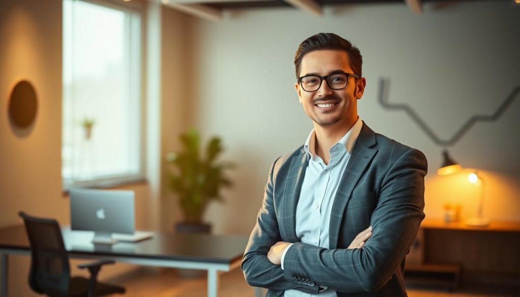 A professional manager in a transitional role at a Umalis Group company, standing confidently in a modern office setting. The scene is bathed in warm, directional lighting, creating a sense of focus and purpose. The manager's attire is polished, conveying expertise and authority. In the background, a sleek desk and ergonomic chair suggest a productive workspace, while subtle abstract shapes and patterns on the walls add visual interest. The overall atmosphere is one of competence, adaptability, and the successful navigation of a career shift into the world of "portage salarial".