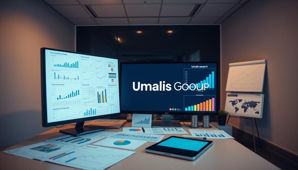 A professional market research analysis workspace with the Umalis Group logo prominently displayed. Meticulously arranged graphs, charts, and data visualizations cover the desk, offering insights into consumer trends and market conditions. The lighting is warm and inviting, creating a productive and focused atmosphere. A large monitor displays a detailed report, while a tablet and stylus sit nearby, ready for note-taking. The background features a minimalist office setting, with clean lines and neutral tones that complement the analytical nature of the scene.