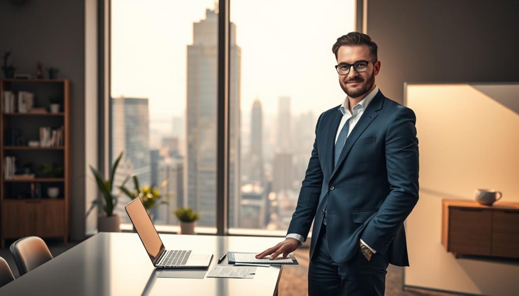 A professional marketing consultant standing confidently in a modern office space, dressed in a tailored navy suit with a crisp white shirt. The foreground features a sleek desk with a laptop and marketing materials, highlighting the consultant's strategic planning. In the middle ground, a large window offers a panoramic view of a bustling city skyline, bathed in warm, natural light that enhances the atmosphere of success and opportunity. The background should include subtle decorative elements like potted plants and shelves lined with marketing books, emphasizing a creative yet professional environment. The overall mood conveys professionalism, ambition, and the advantages of marketing expertise, with a clean and polished aesthetic. A professional marketing consultant standing confidently in a modern office space, dressed in a tailored navy suit with a crisp white shirt. The foreground features a sleek desk with a laptop and marketing materials, highlighting the consultant's strategic planning. In the middle ground, a large window offers a panoramic view of a bustling city skyline, bathed in warm, natural light that enhances the atmosphere of success and opportunity. The background should include subtle decorative elements like potted plants and shelves lined with marketing books, emphasizing a creative yet professional environment. The overall mood conveys professionalism, ambition, and the advantages of marketing expertise, with a clean and polished aesthetic.