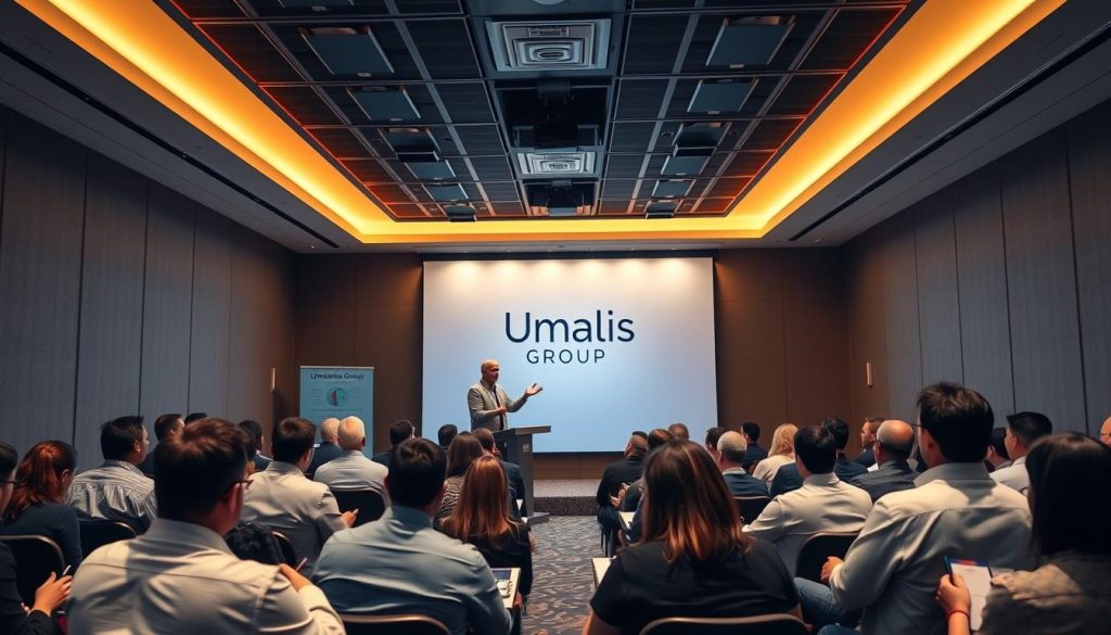 A professional medical conference room with a large Umalis Group banner prominently displayed on the back wall. The room is filled with attendees engaged in lively discussions, some taking notes, others exchanging business cards. A speaker stands at a podium, gesturing animatedly as they present information on a sleek, modern display. Warm, directional lighting illuminates the scene, creating a sense of focus and intensity. The atmosphere is one of productive collaboration and effective communication strategies.