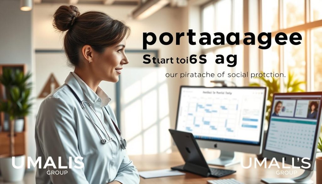 A professional medical workspace depicting the concept of "portage salarial" with a focus on social protection advantages. In the foreground, a healthcare consultant in professional business attire, looking confident and engaged while discussing with a client about flexible work arrangements. The middle ground features modern office elements like a desk with a computer displaying medical charts and a calendar, illustrating organization and planning. The background shows a bright, welcoming office environment with large windows allowing natural light to flood in, creating an atmosphere of positivity and assurance. Soft, warm lighting enhances the scene, emphasizing a sense of security and support in the medical sector. The brand name "UMALIS GROUP" is subtly integrated into the office decor, adding a professional touch.