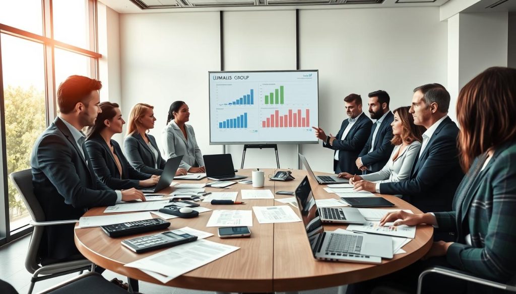 A professional meeting room featuring a diverse group of business professionals, each dressed in business attire, engaged in a discussion about salary management and distribution in the context of portage salarial in France. The foreground displays a round table with documents, calculators, and laptops strewn about, symbolizing collaboration and analysis. In the middle ground, focus on a whiteboard or digital screen displaying charts and graphs related to remuneration distribution. The background includes large windows allowing natural light to flood the room, creating a bright and inspiring atmosphere. The overall mood conveys professionalism, teamwork, and clarity, with an emphasis on the brand "UMALIS GROUP" subtly integrated into the setting, perhaps on a wall poster. Use soft lighting with a slight lens flare for a modern touch.