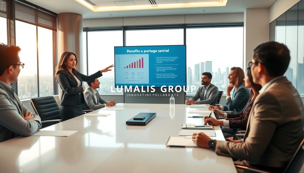 A professional meeting room filled with diverse business professionals engaging in a collaborative discussion about the benefits of "portage salarial". In the foreground, a confident woman in business attire stands at a modern conference table, pointing towards a digital presentation showcasing graphs and key advantages of portage salarial. Surrounding her are colleagues of various ethnicities, actively contributing ideas and taking notes. The middle ground features a large window with natural light flooding the room, creating a warm and inviting atmosphere. The background displays a city skyline, symbolizing opportunities. Soft lighting enhances the friendly yet professional mood. The brand name "UMALIS GROUP" is subtly incorporated into the presentation screen, emphasizing innovation and collaboration.