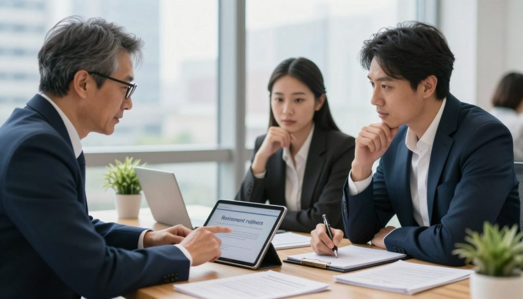 A professional meeting room filled with natural light, showcasing a diverse group of three individuals discussing retirement options. In the foreground, a middle-aged man with glasses in a navy suit points at a digital tablet, while a woman in a smart blazer nods thoughtfully. A third person, showing attentiveness, leans slightly forward, taking notes. The table is scattered with documents and a small plant, adding a touch of warmth to the scene. In the background, large windows reveal a cityscape, hinting at modern business life. The atmosphere is focused and collaborative, emphasizing the importance of understanding retirement rights for independent workers. The image should be bright and well-lit, with a slightly blurred background to keep the focus on the professionals.