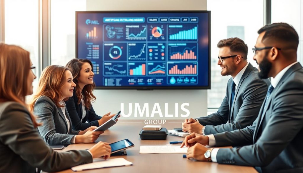 A professional meeting room setting where diverse business professionals, dressed in smart business attire, are engaged in a brainstorming session. In the foreground, a group of three individuals, a woman and two men, are discussing ideas about artificial intelligence training needs, surrounded by digital tablets and notepads. The middle ground features a large screen displaying data analytics and charts related to AI applications. The background shows a window with a city skyline, creating a vibrant but focused atmosphere. Soft, natural lighting illuminates the room, enhancing a collaborative mood. The branding logo "UMALIS GROUP" is subtly integrated into the design of the room's décor. The overall composition conveys the importance of understanding concrete business needs in developing AI training programs. A professional meeting room setting where diverse business professionals, dressed in smart business attire, are engaged in a brainstorming session. In the foreground, a group of three individuals, a woman and two men, are discussing ideas about artificial intelligence training needs, surrounded by digital tablets and notepads. The middle ground features a large screen displaying data analytics and charts related to AI applications. The background shows a window with a city skyline, creating a vibrant but focused atmosphere. Soft, natural lighting illuminates the room, enhancing a collaborative mood. The branding logo "UMALIS GROUP" is subtly integrated into the design of the room's décor. The overall composition conveys the importance of understanding concrete business needs in developing AI training programs.