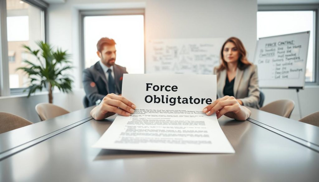 A professional meeting room setting with two business people discussing a contract, positioned at a sleek, modern conference table. In the foreground, a close-up of hands holding a signed contract, emphasizing the words "Force Obligatoire" highlighted in bold. The middle ground features the two individuals, a man and a woman, both in formal business attire, engaged in a focused conversation, with a look of determination. Soft, natural lighting filters in through large windows, creating a warm and inviting atmosphere. In the background, a whiteboard covered with notes and legal terms adds context, while a potted plant enhances the professional ambiance. The composition should evoke a sense of seriousness and importance, reflecting the gravity of contract obligations.