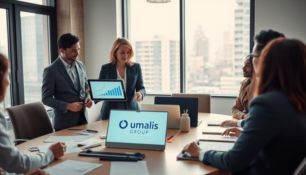 A professional meeting room showcasing a diverse group of business professionals discussing challenges and solutions related to "portage salarial." In the foreground, a middle-aged woman in a smart blazer is leading the discussion, pointing at a digital tablet displaying charts. To her left, a young man in a suit takes notes while attentively listening. In the middle, a round table scattered with documents and laptops emphasizes collaboration. The background features a large window with urban views, allowing natural light to illuminate the room, creating a warm, inviting atmosphere. The overall mood is focused and productive, capturing the essence of teamwork in overcoming challenges in freelance employment. Include the Umalis Group logo subtly on a presentation slide on the table. A professional meeting room showcasing a diverse group of business professionals discussing challenges and solutions related to "portage salarial." In the foreground, a middle-aged woman in a smart blazer is leading the discussion, pointing at a digital tablet displaying charts. To her left, a young man in a suit takes notes while attentively listening. In the middle, a round table scattered with documents and laptops emphasizes collaboration. The background features a large window with urban views, allowing natural light to illuminate the room, creating a warm, inviting atmosphere. The overall mood is focused and productive, capturing the essence of teamwork in overcoming challenges in freelance employment. Include the Umalis Group logo subtly on a presentation slide on the table.