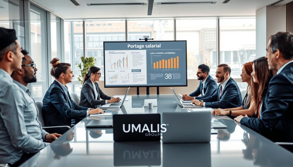 A professional meeting scene focused on the concept of "portage salarial," illustrating the obligations and conditions involved. In the foreground, a group of diverse businesspeople in formal attire are engaged in a constructive discussion around a sleek, modern conference table, with laptops and documents spread out. In the middle ground, a large presentation screen displays graphs and key terms related to labor contracts and obligations. The background features a stylish, contemporary office space with large windows, allowing natural light to flood the room, creating a bright and productive atmosphere. The overall mood is one of collaboration and professionalism. Include subtle branding elements of "UMALIS GROUP" within the room decor, ensuring it blends harmoniously into the scene. The image should be well-lit with a crisp, clear focus, showcasing the engaged expressions of the participants.